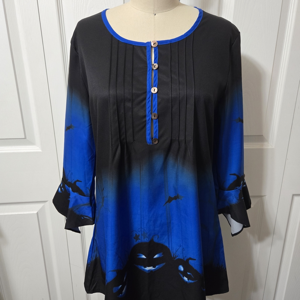 Halloween Jack O Lantern Black & Blue Button-Down Top Bell Sleeve, Medium, NWOT